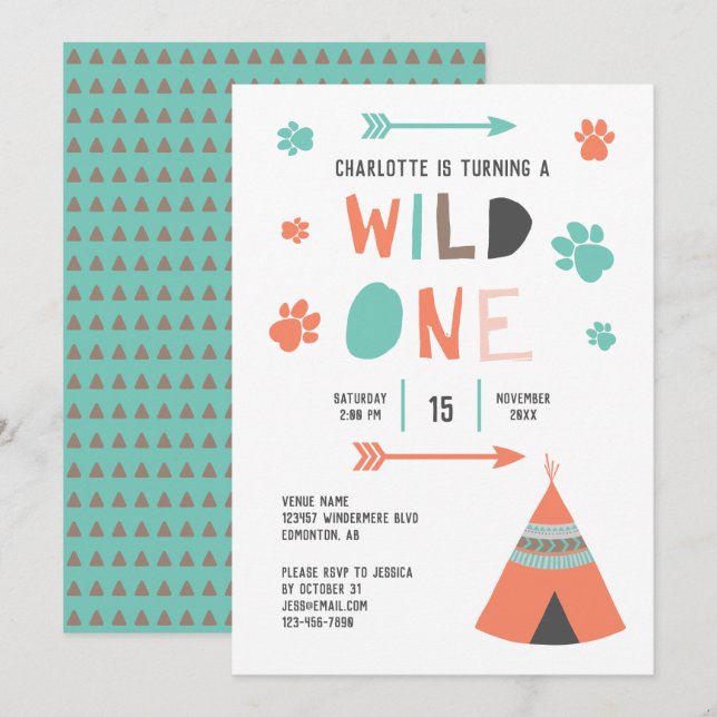 Wild One Boho Tribal Girls Birthday Orange Teal Invitation (Front/Back)