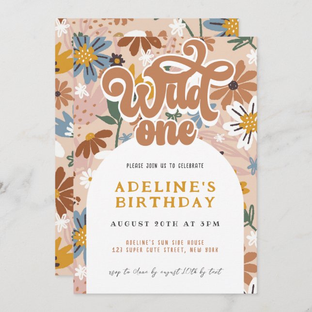 Wild One Boho Wildflower 1st Birthday Retro Floral Invitation (Front/Back)