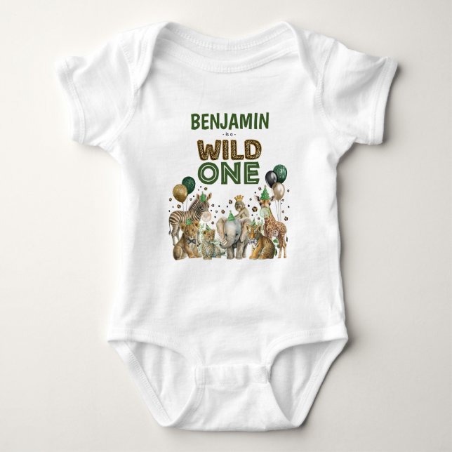 Wild One Boy Birthday Jungle Safari Party Animals Baby Bodysuit (Front)