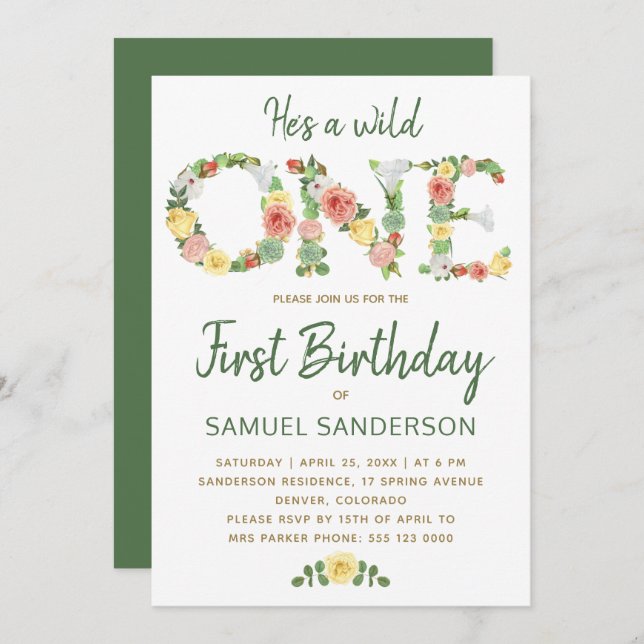 Wild ONE boy floral typography script 1st birthday Invitation (Front/Back)