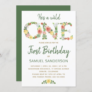 Wild ONE boy floral typography script 1st birthday Invitation