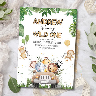 Wild One Boy's 1st Birthday Invite, Safari Animals Invitation