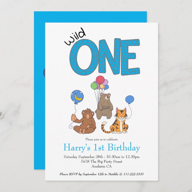 Wild One Boys First Birthday Safari Jungle Animals (Front/Back)