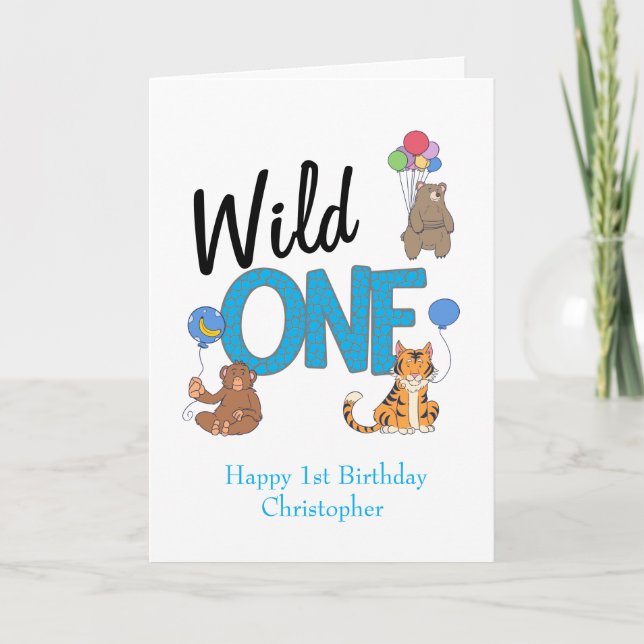 Wild One Boys First Birthday Safari Jungle Animals Card (Front)
