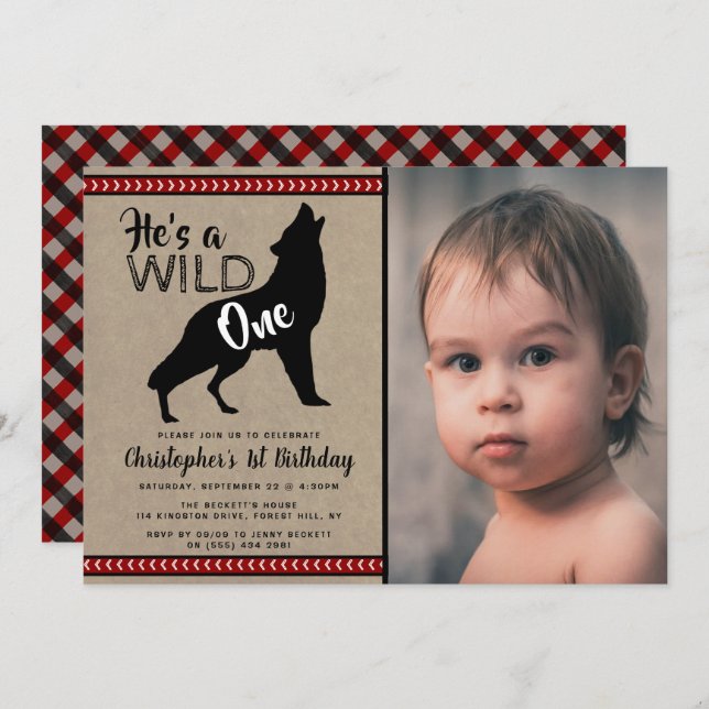Wild One Boys Photo First Birthday Invitations (Front/Back)