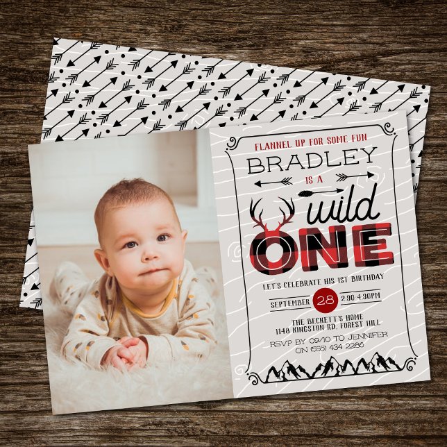 Wild One Boys Plaid Lumberjack 1st Birthday Photo Invitation (Creator Uploaded)