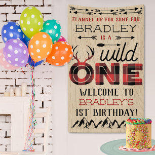Wild One Boys Rustic Plaid Lumberjack 1st Birthday Banner