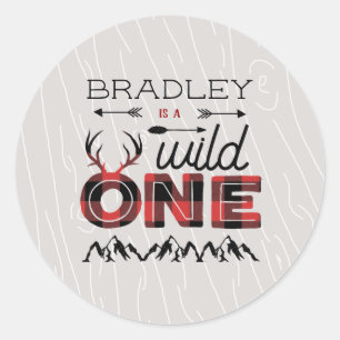 Wild One Boys Rustic Plaid Lumberjack 1st Birthday Classic Round Sticker