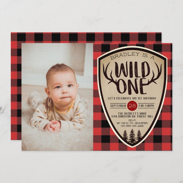 Wild One Boys Rustic Plaid Lumberjack 1st Birthday Invitation (Front/Back)
