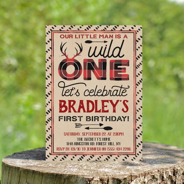 Wild One Boys Rustic Plaid Lumberjack 1st Birthday Invitation (Creator Uploaded)