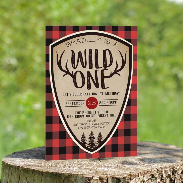 Wild One Boys Rustic Plaid Lumberjack 1st Birthday Invitation (Creator Uploaded)