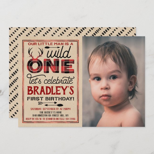 Wild One Boys Rustic Plaid Lumberjack 1st Birthday Invitation (Front/Back)