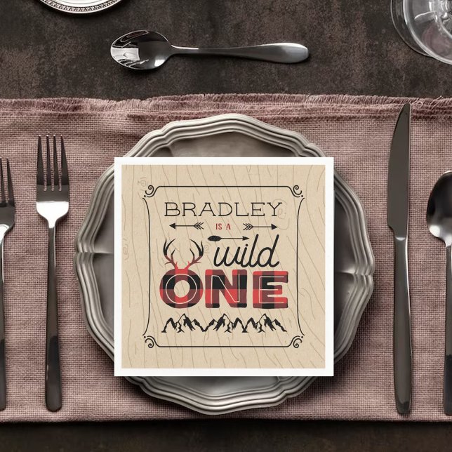 Wild One Boys Rustic Plaid Lumberjack 1st Birthday Napkin (Creator Uploaded)