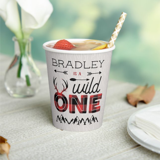Wild One Boys Rustic Plaid Lumberjack 1st Birthday Paper Cups (Insitu)