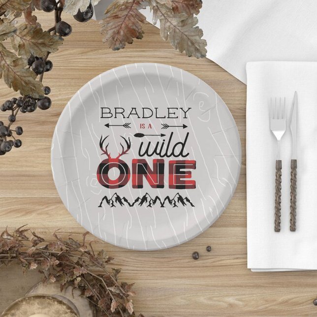 Wild One Boys Rustic Plaid Lumberjack 1st Birthday Paper Plate (Creator Uploaded)