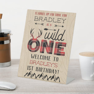 Wild One Boys Rustic Plaid Lumberjack 1st Birthday Pedestal Sign