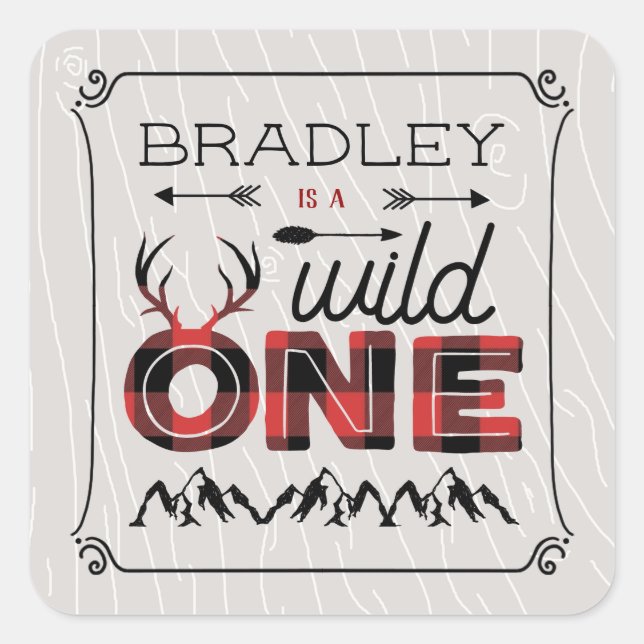 Wild One Boys Rustic Plaid Lumberjack 1st Birthday Square Sticker (Front)