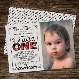 Wild One Boys Rustic Plaid Lumberjack 1st Birthday Thank You Card