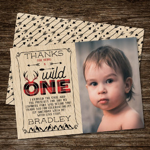 Wild One Boys Rustic Plaid Lumberjack 1st Birthday Thank You Card