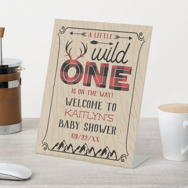 Wild One Boys Rustic Plaid Lumberjack Baby Shower Pedestal Sign (In SItu)