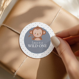 Wild One Boys' Safari Blue Monkey Birthday Classic Round Sticker