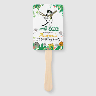 Wild One Cat Greenery Kids 1st Birthday Rectangle Hand Fan