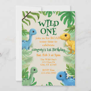 Wild One, colorful, cute dinosaur 1st birthday Invitation