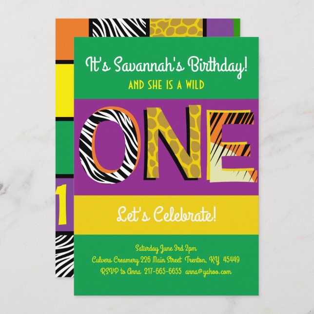 Wild One Colourful 1st Birthday Invitations (Front/Back)