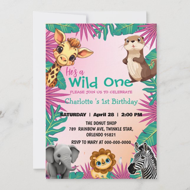 Wild One colourful jungle boys 1st Animal Birthday Invitation (Front)