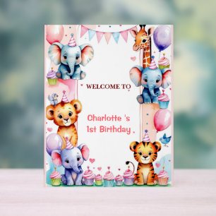 Wild One Cute Animals Balloon Boy 1st Birthday Acrylic Sign