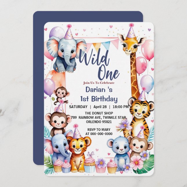 Wild One Cute Animals Balloon Boy 1st Birthday par Invitation (Front/Back)