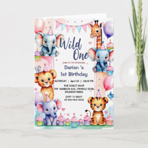 Wild One Cute Animals Balloon cupcake 1st Birthday Invitation