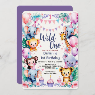 Wild One Cute Animals Balloon cupcake 1st Birthday Invitation
