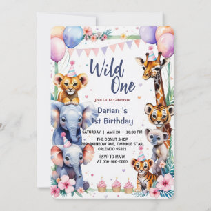 Wild One Cute Animals Balloon cupcake 1st Birthday Invitation