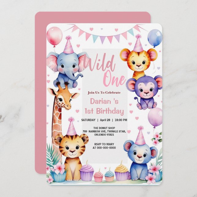 Wild One Cute Animals Balloon cupcake 1st Birthday Invitation (Front/Back)