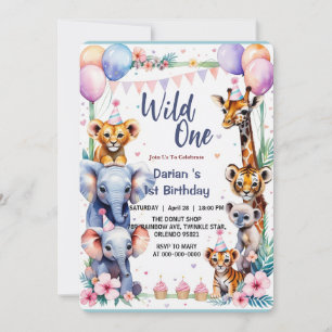 Wild One Cute Animals Balloon cupcake 1st Birthday Invitation