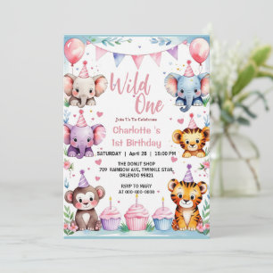 Wild One Cute Animals Balloon girl 1st Birthday Invitation