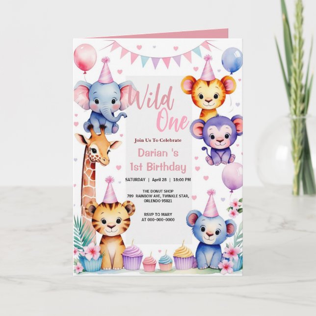 Wild One Cute Animals Balloon girl 1st Birthday pa Invitation (Front)