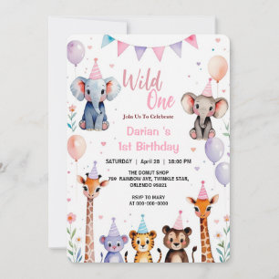 Wild One Cute Animals Balloon girls 1st Birthday Invitation
