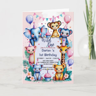 Wild One Cute Animals Balloon kids 1st Birthday Invitation