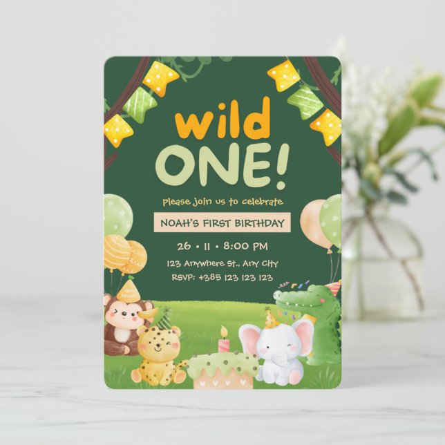 Wild One Cute Animals Birthday Party Invitation  (Standing Front)