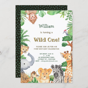 Wild One Cute Animals Jungle Safari Birthday Invitation