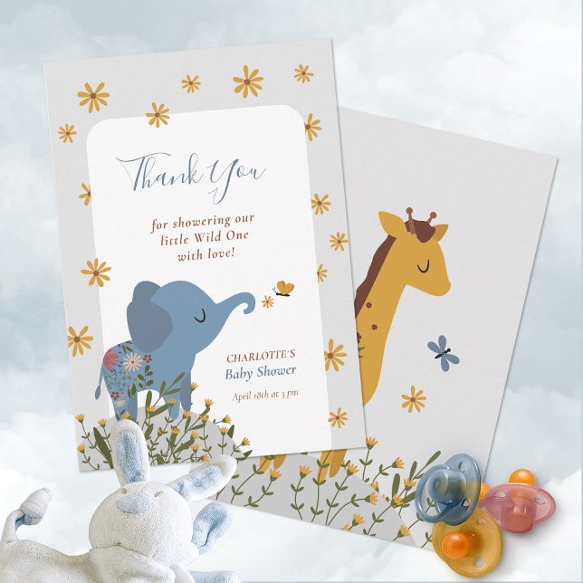 Wild One Cute Baby Animals Floral Baby Shower Thank You Card (Wild One Elephant Little Animal Floral Baby Shower Thank You Card ©Susanne Sachers Sunny Mind Design)