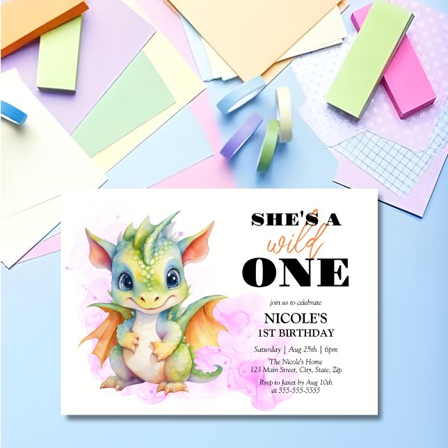 Wild One Cute Baby Dragon Fairytale 1st Birthday Invitation (Creator Uploaded)