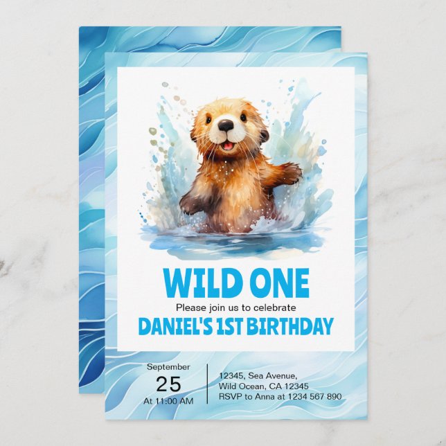 Wild One Cute Baby Sea Otter in Water 1st Birthday Invitation (Front/Back)