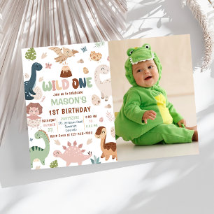 Wild One Cute Dinosaur 1st Birthday Party Photo Invitation