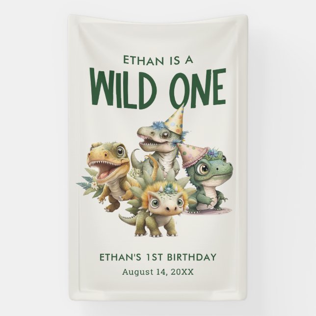Wild One Cute Dinosaur First Birthday Party Banner (Vertical)