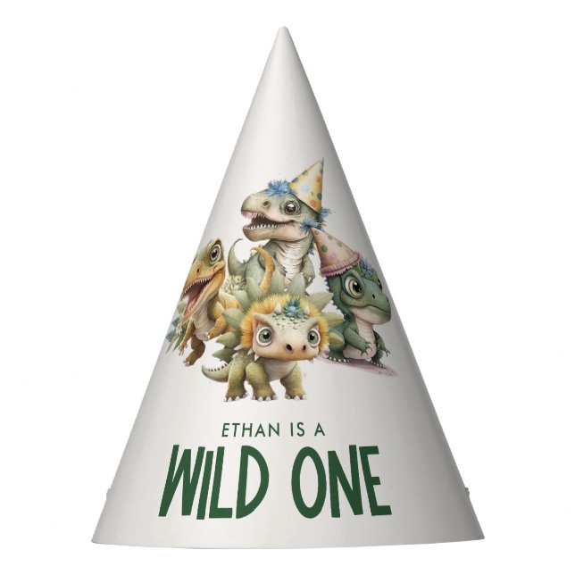 Wild One Cute Dinosaur First Birthday Party Hat (Front)