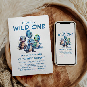 Wild One Cute Dinosaur First Birthday Party Invitation