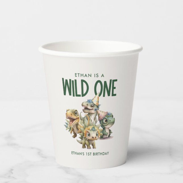 Wild One Cute Dinosaur First Birthday Party Paper Cups (Front)